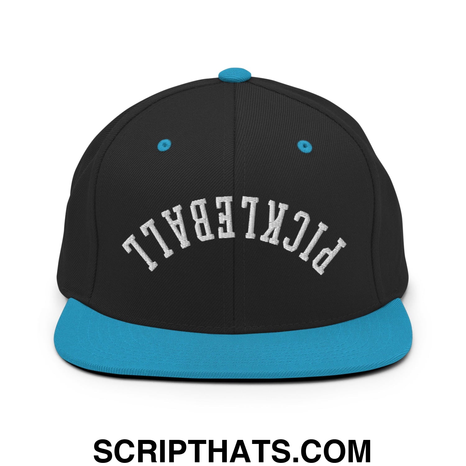 Black snapback hat with teal brim and button featuring white pickleball embroidery on front flat bill brim snapback hat