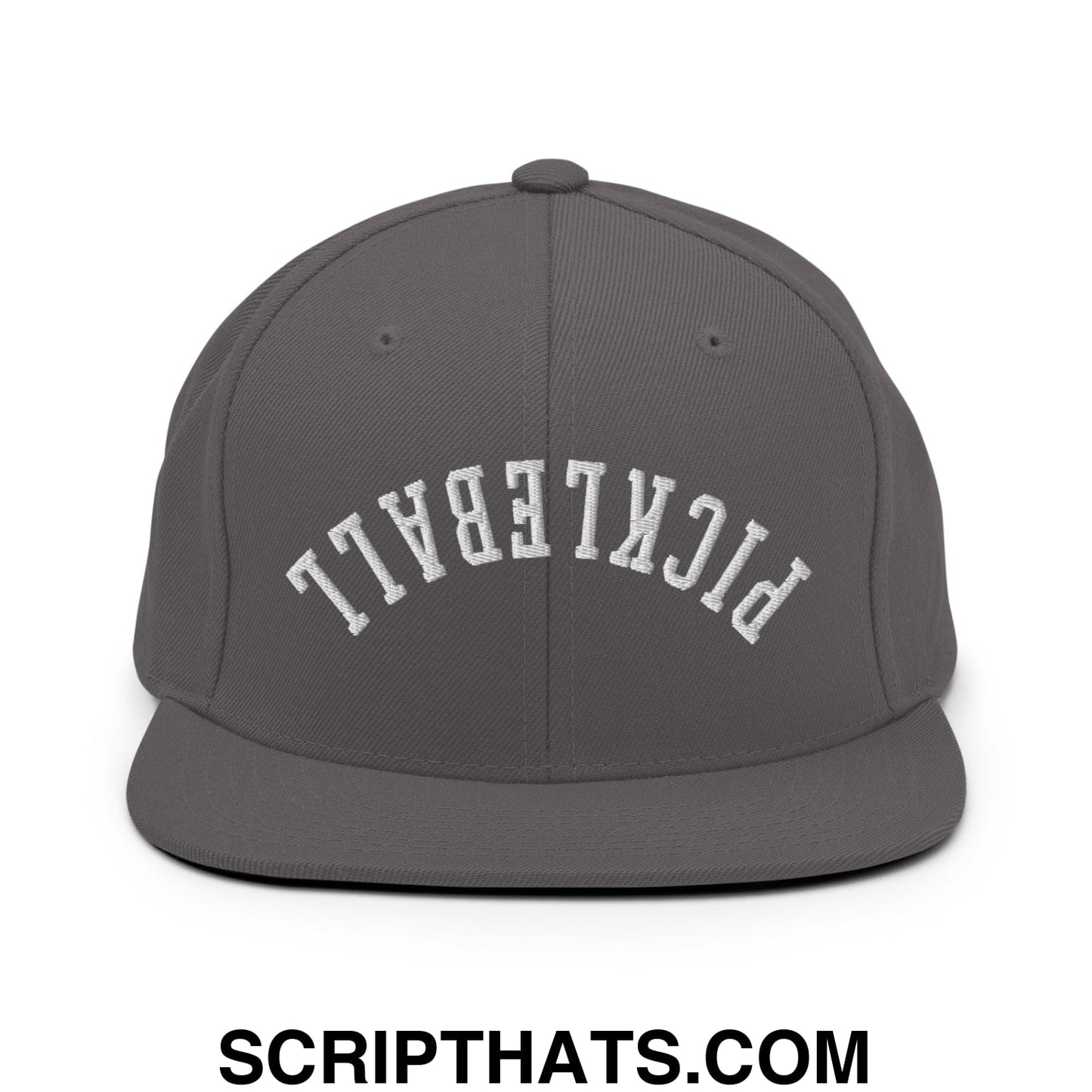 Gray snapback cap with white embroidered pickleball lettering in an arched design and flat bill brim