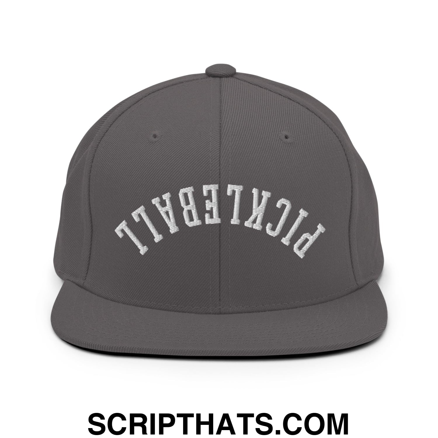 Gray snapback cap with white embroidered pickleball lettering in an arched design and flat bill brim