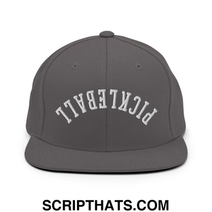 Gray snapback cap with white embroidered pickleball lettering in an arched design and flat bill brim