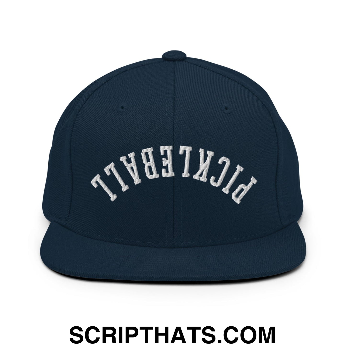 Navy blue snapback hat with white arched pickleball embroidery and flat bill brim for casual wear