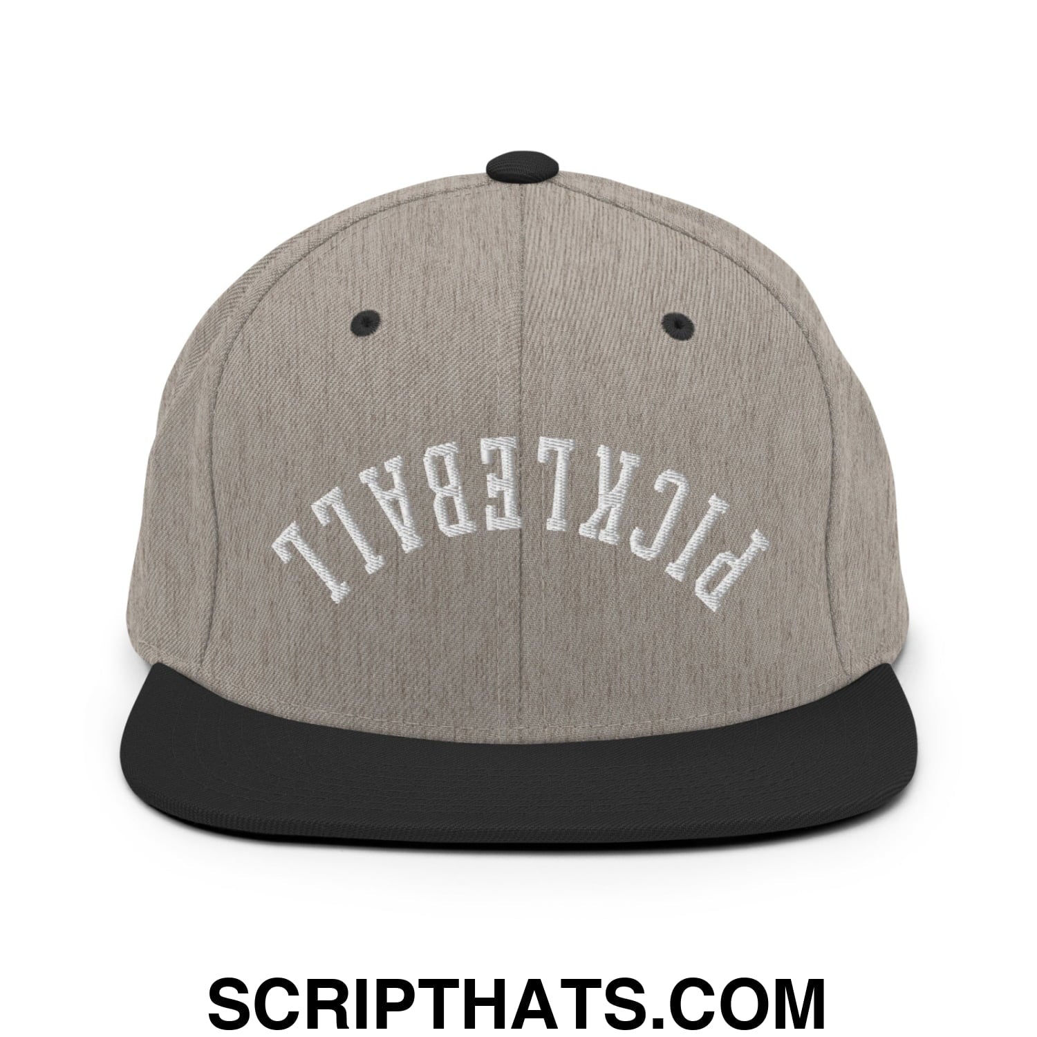 Gray and black flat bill brim snapback hat with white pickleball embroidered in arched lettering for sports use