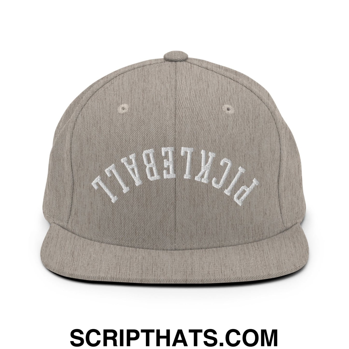 Gray heather snapback cap with white embroidered pickleball arch on front flat bill brim for pickleball fans