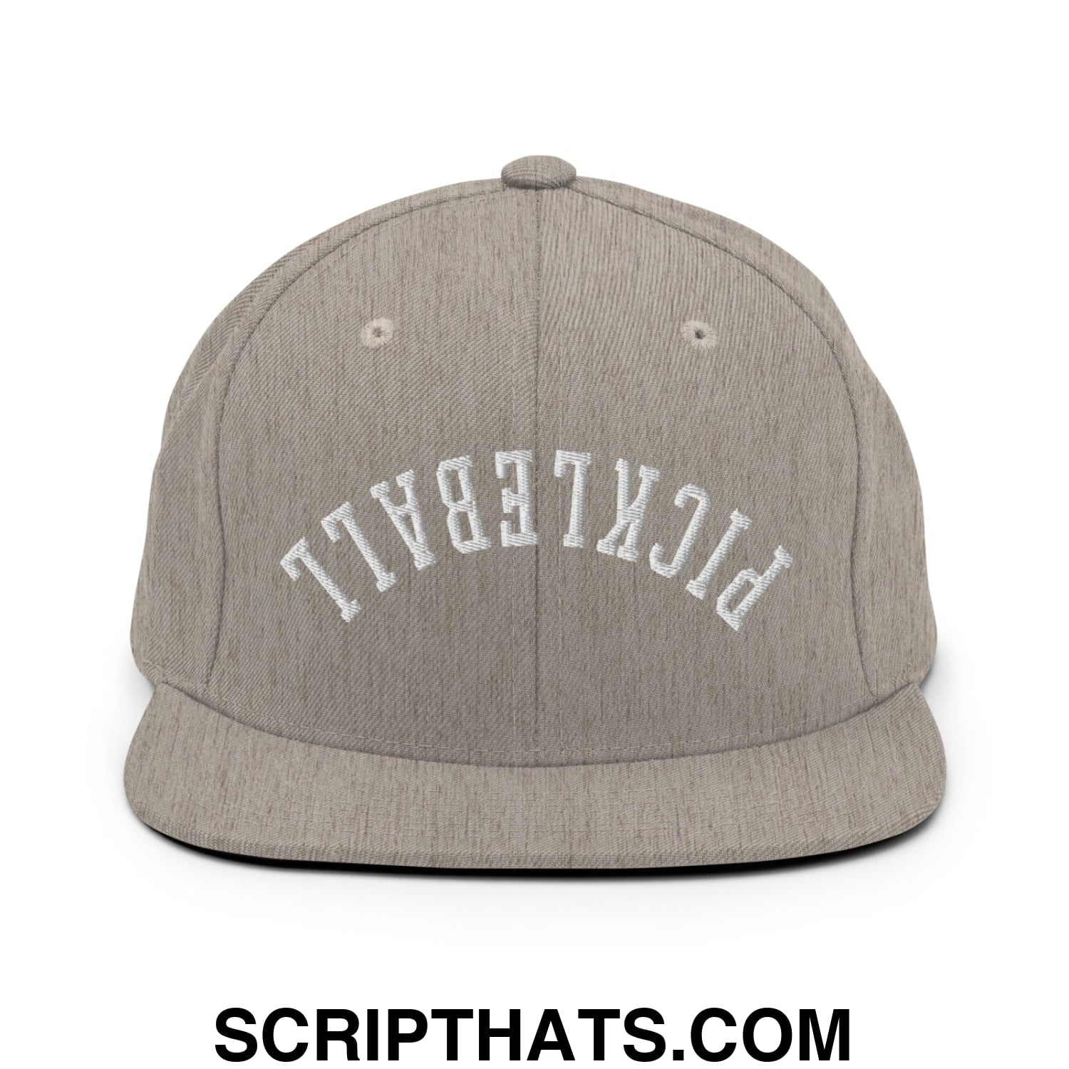 Gray heather snapback cap with white embroidered pickleball arch on front flat bill brim for pickleball fans