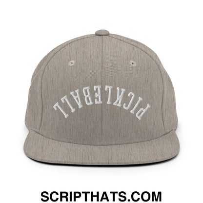 Gray heather snapback cap with white embroidered pickleball arch on front flat bill brim for pickleball fans