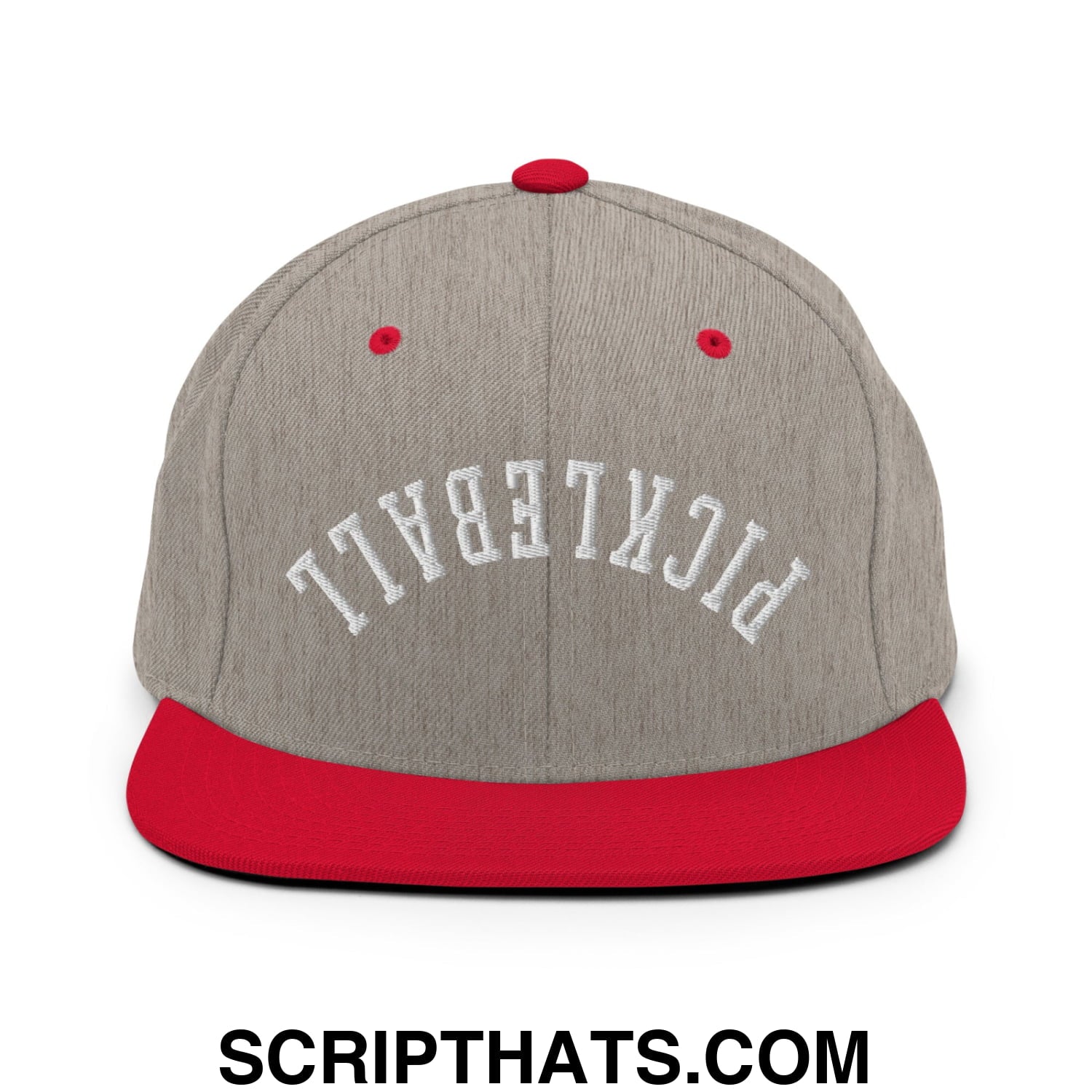 Gray and red snapback hat with white embroidered pickleball text and flat bill brim for pickleball players