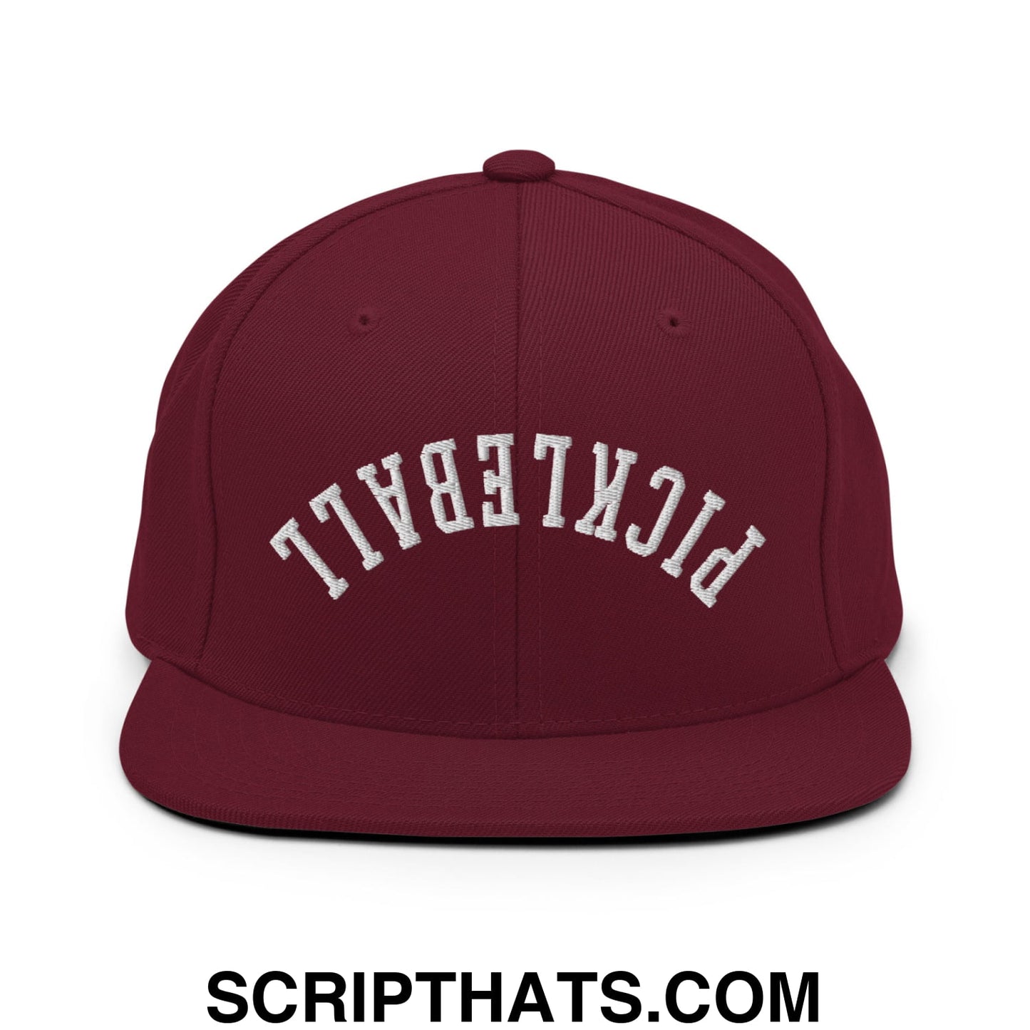 Maroon snapback hat with white embroidered pickleball lettering and flat bill brim for pickleball enthusiasts