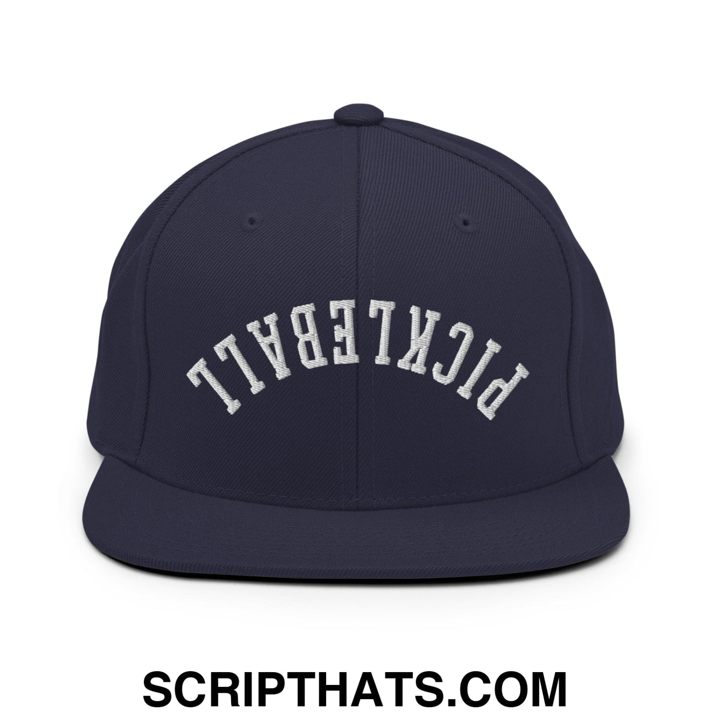 Navy blue snapback hat with white embroidered pickleball lettering and flat bill brim for casual wear