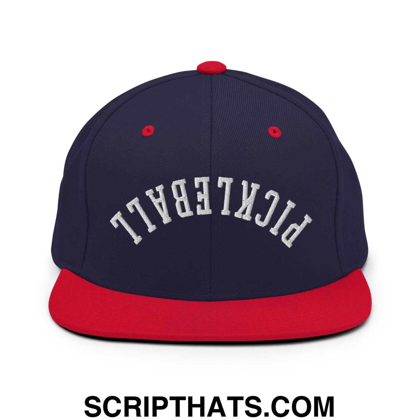 Navy blue and red snapback hat with white embroidered pickleball text and flat bill brim for pickleball fans