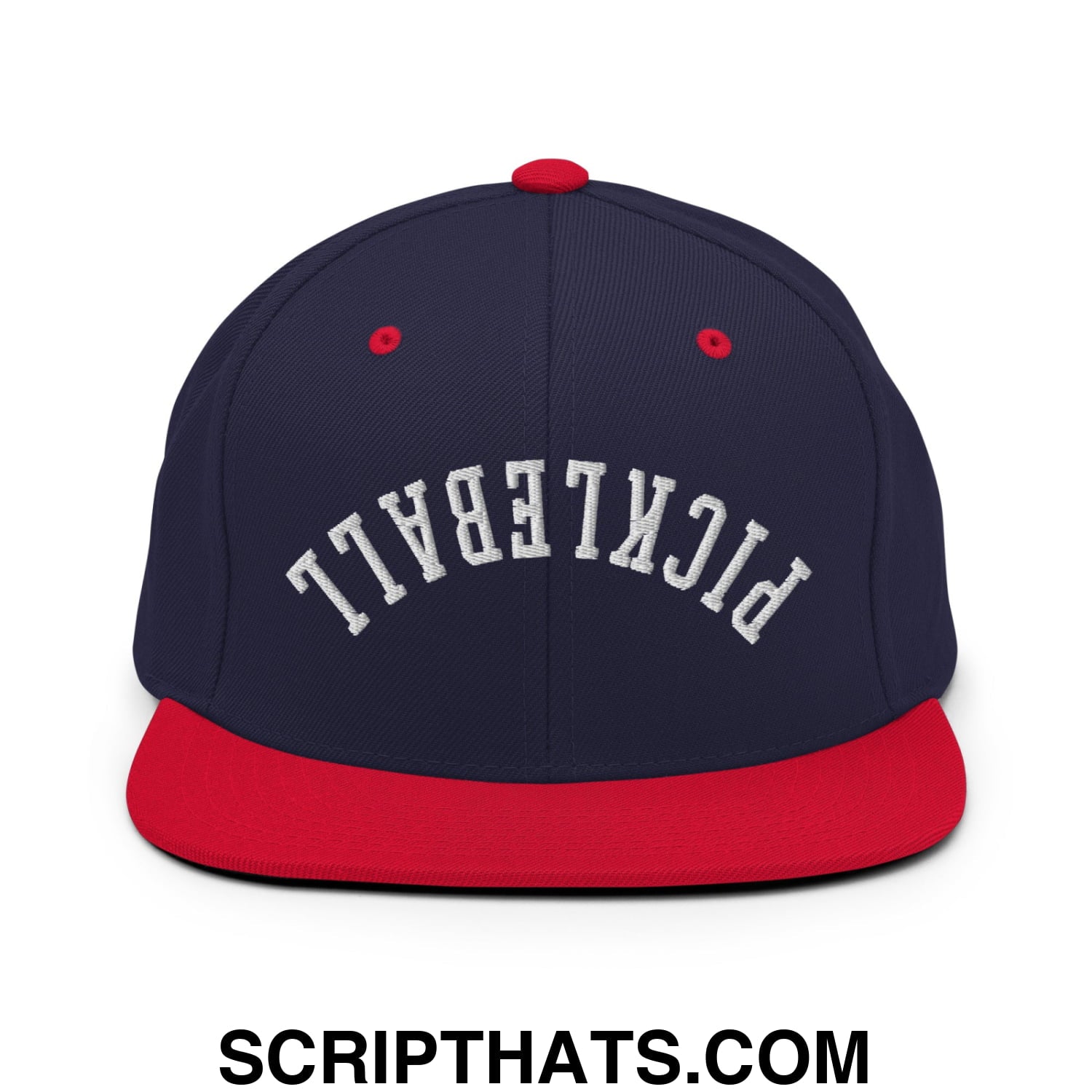 Navy blue and red snapback hat with white embroidered pickleball text and flat bill brim for pickleball fans