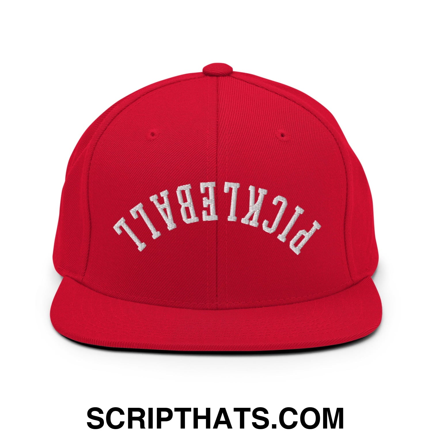 Red snapback cap with white embroidered pickleball lettering and a flat bill brim for casual sports wear