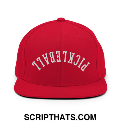 Red snapback cap with white embroidered pickleball lettering and a flat bill brim for casual sports wear