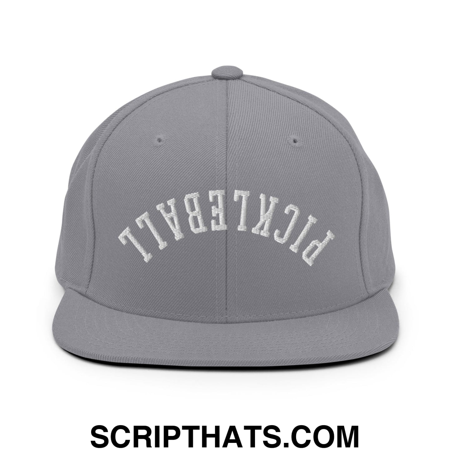 Gray cotton snapback cap with a flat bill and white embroidered pickleball lettering in an arched design