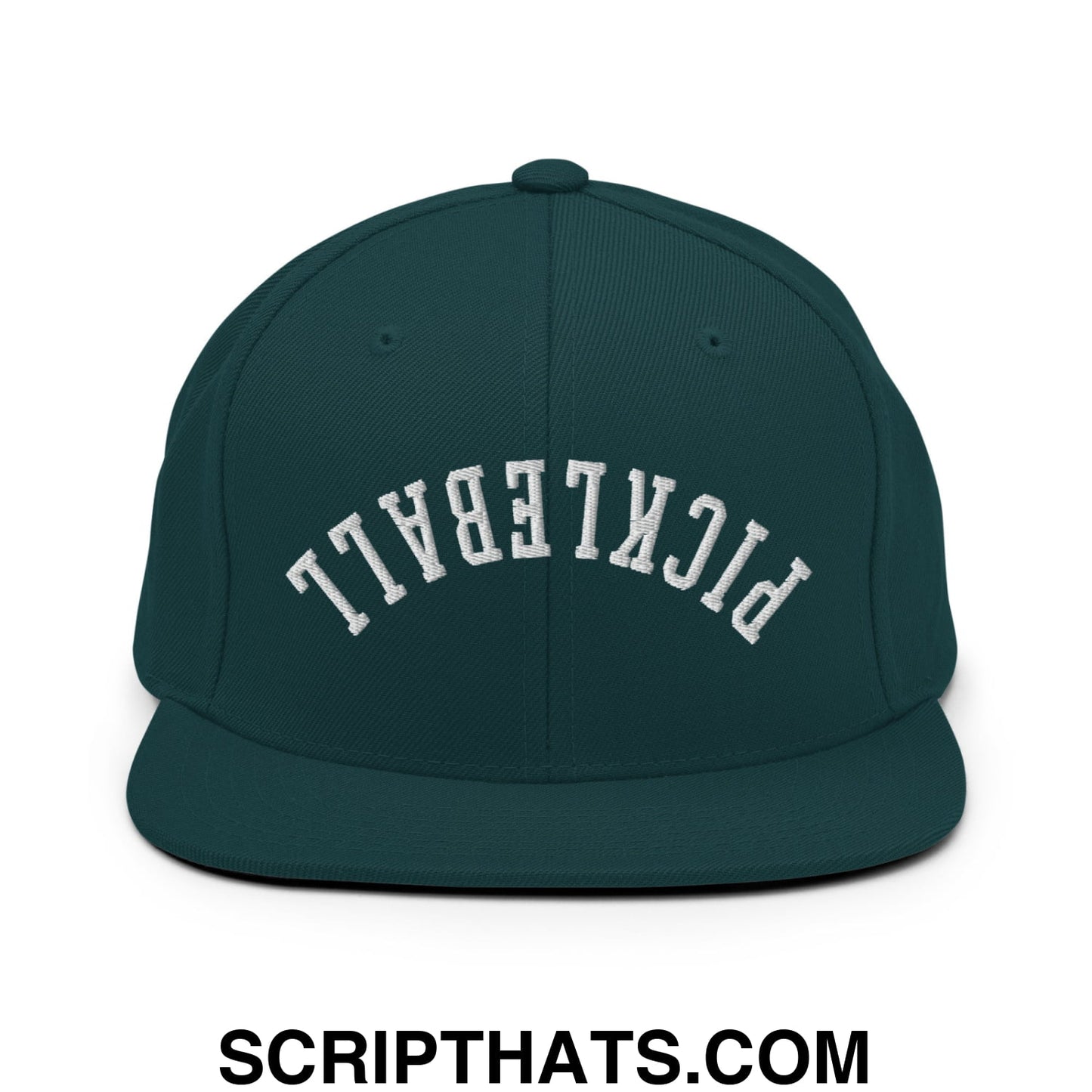 Dark green snapback hat with white embroidered pickleball lettering and flat bill brim for casual wear