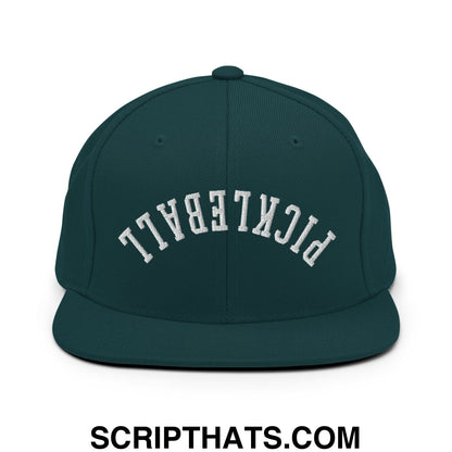 Dark green snapback hat with white embroidered pickleball lettering and flat bill brim for casual wear