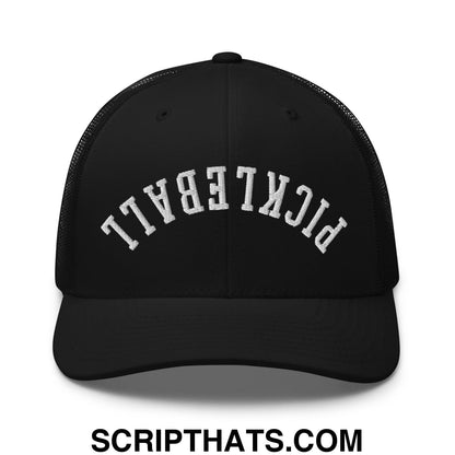 Black mesh trucker hat with white arched pickleball embroidery front featuring upside down design