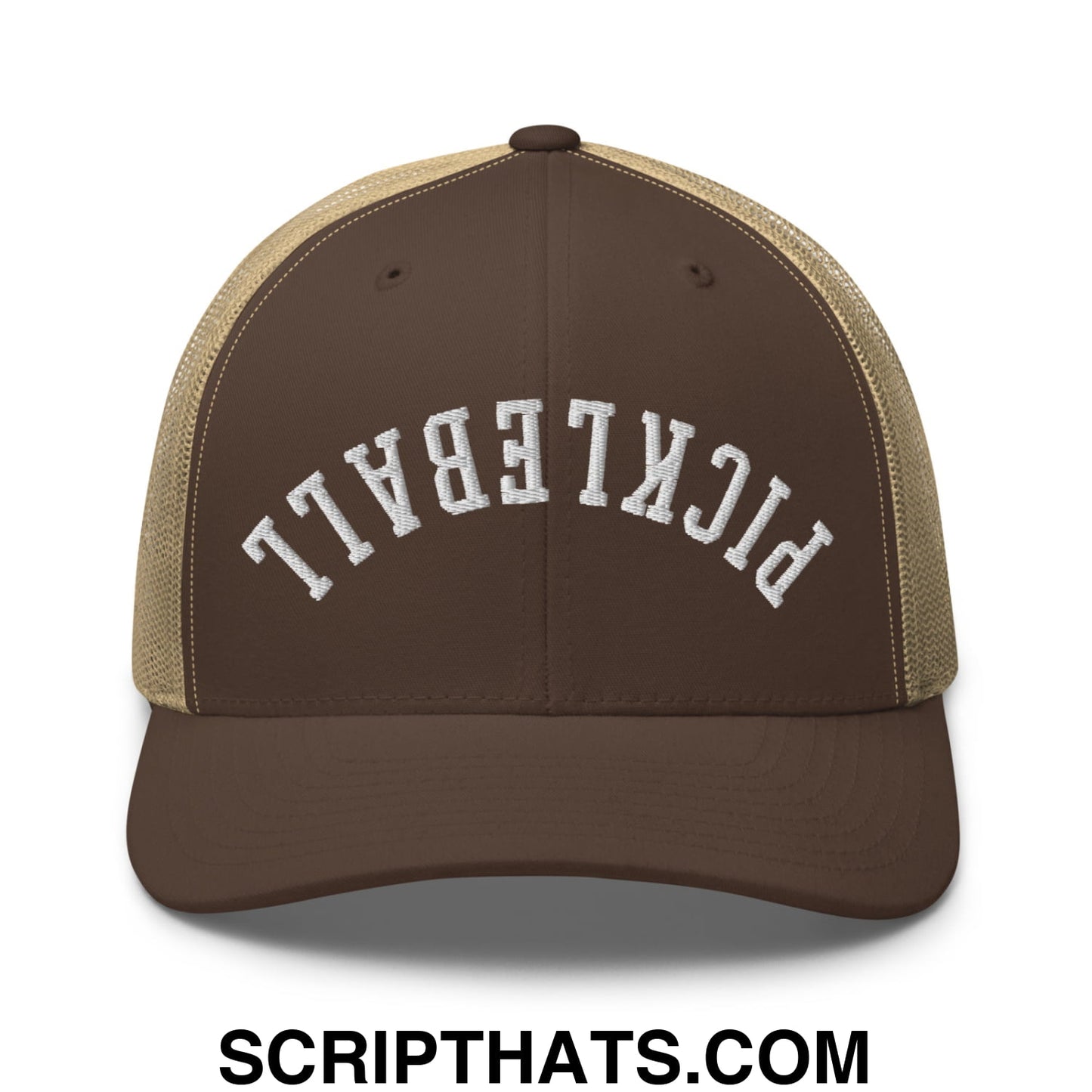 Brown and tan mesh trucker hat with white embroidered pickleball lettering, upside down design on front panel