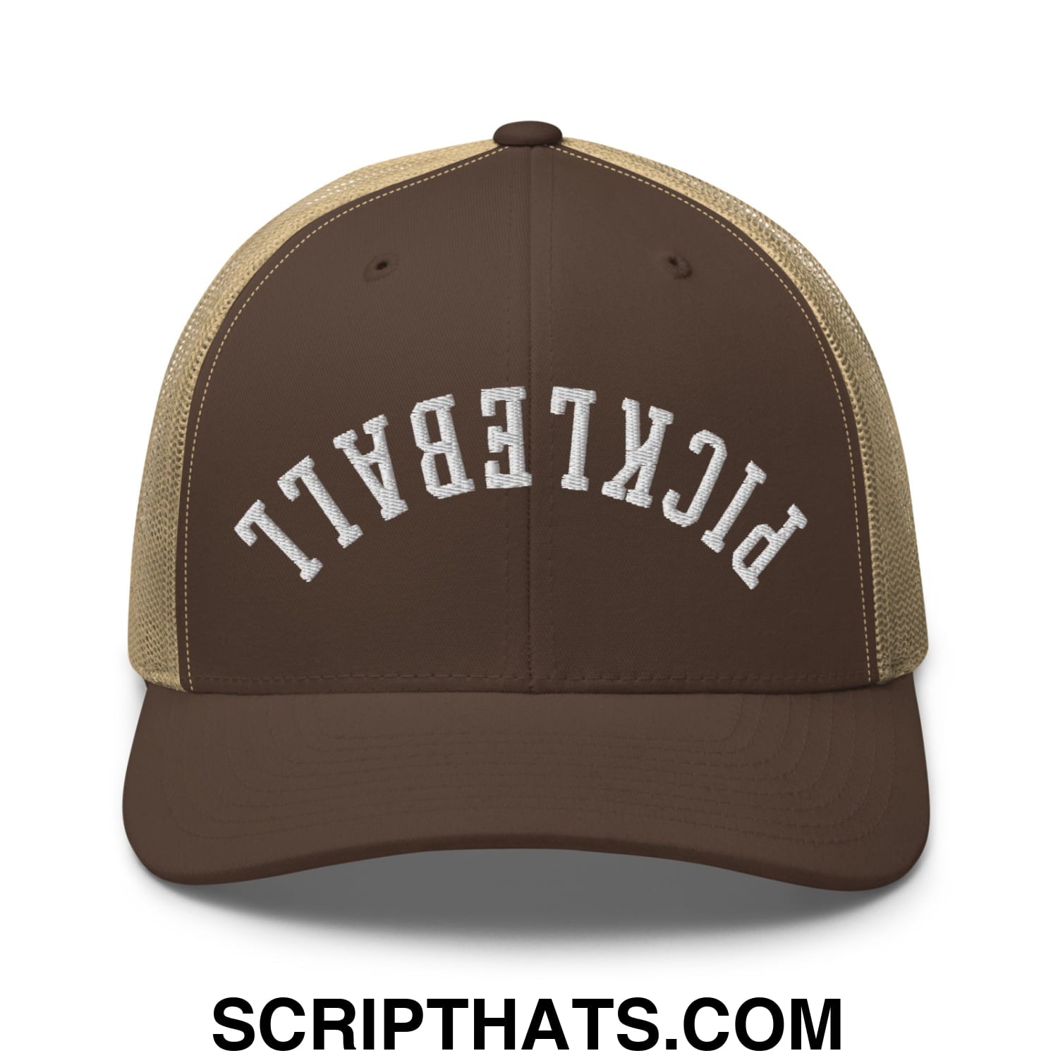 Brown and tan mesh trucker hat with white embroidered pickleball lettering, upside down design on front panel