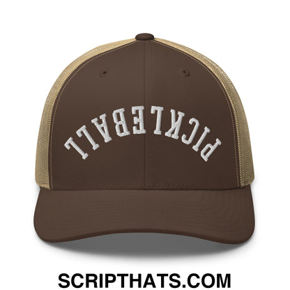 Brown and tan mesh trucker hat with white embroidered pickleball lettering, upside down design on front panel