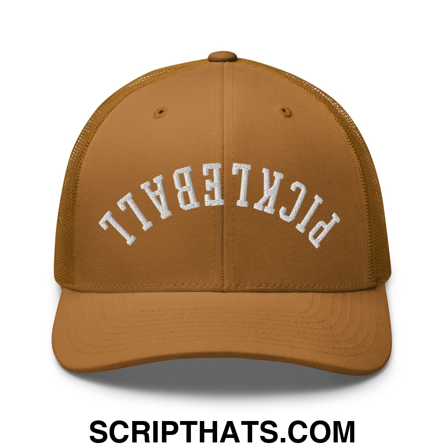 A tan mesh trucker hat with white embroidered pickleball lettering front in upside down pickleball style