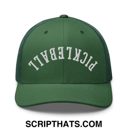 A dark green mesh trucker hat with white embroidered pickleball lettering on the front for pickleball fans