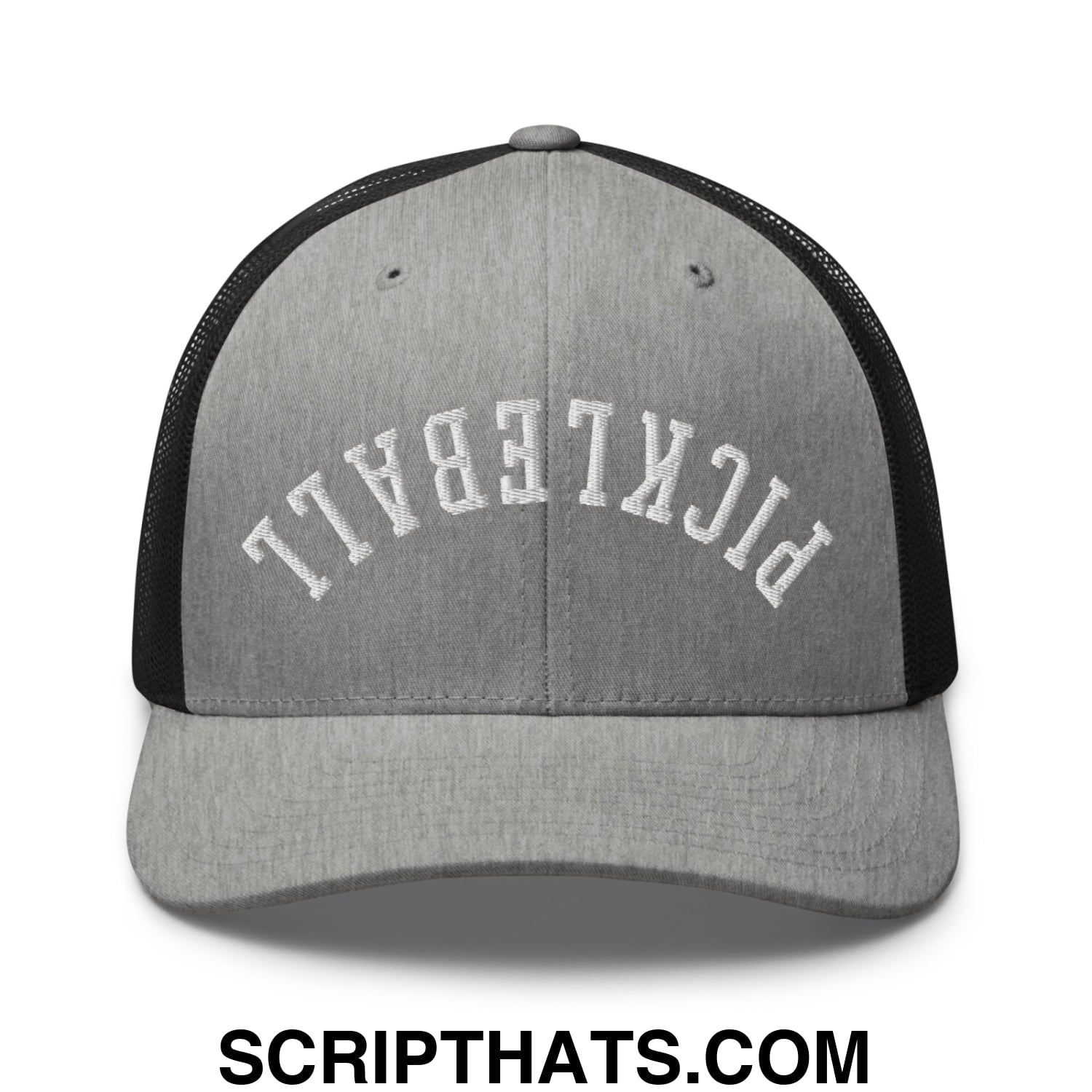 Gray and black mesh trucker hat with white embroidered pickleball text on front for casual sports wear