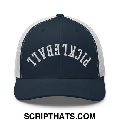 Navy blue and white mesh trucker hat with pickleball embroidered in arched lettering on the front panel