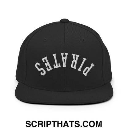 Black snapback cap with white embroidered pirates lettering and flat bill brim for casual streetwear use