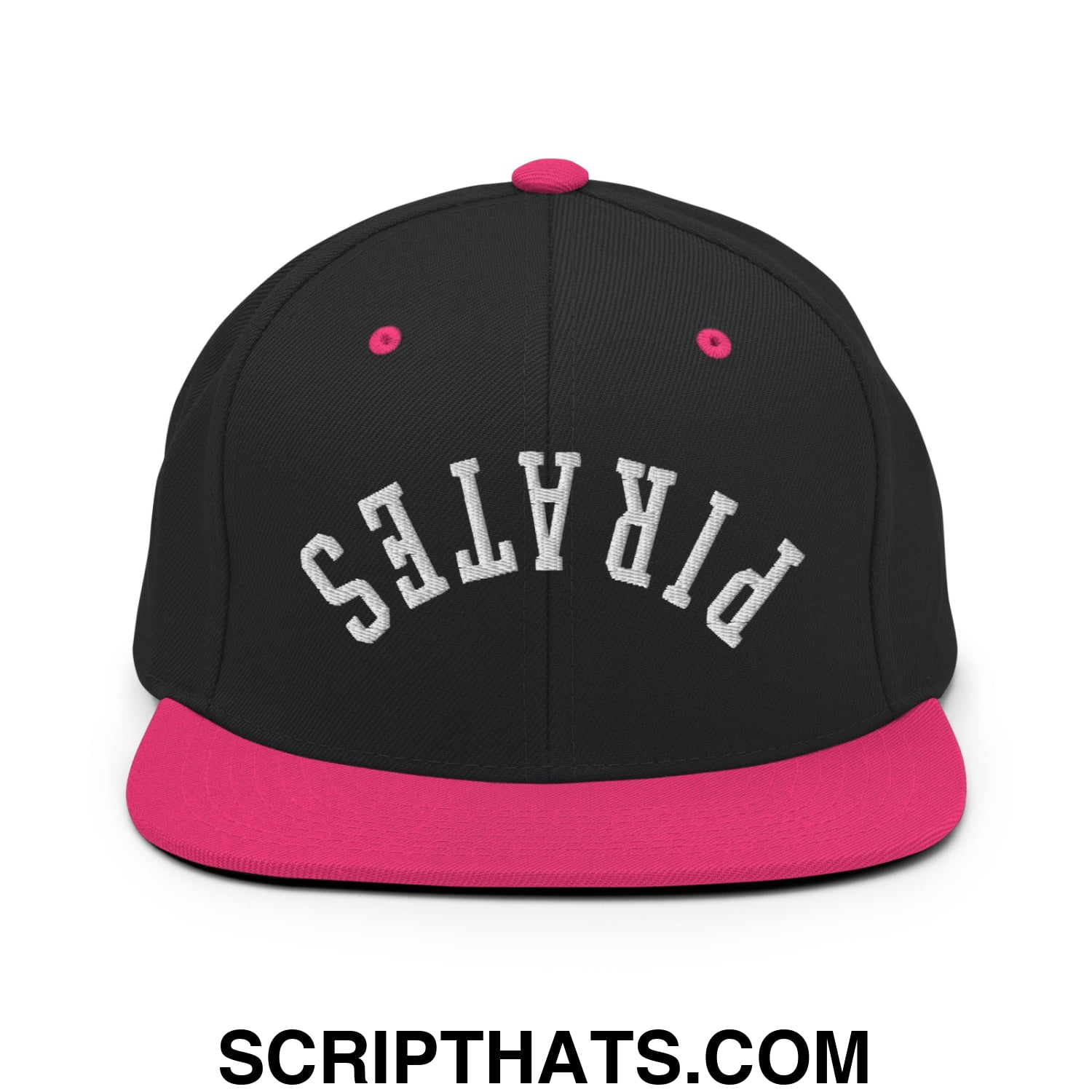Black snapback cap with vibrant pink flat bill brim and button embroidered with white pirates lettering