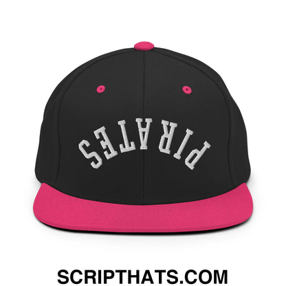 Black snapback cap with vibrant pink flat bill brim and button embroidered with white pirates lettering