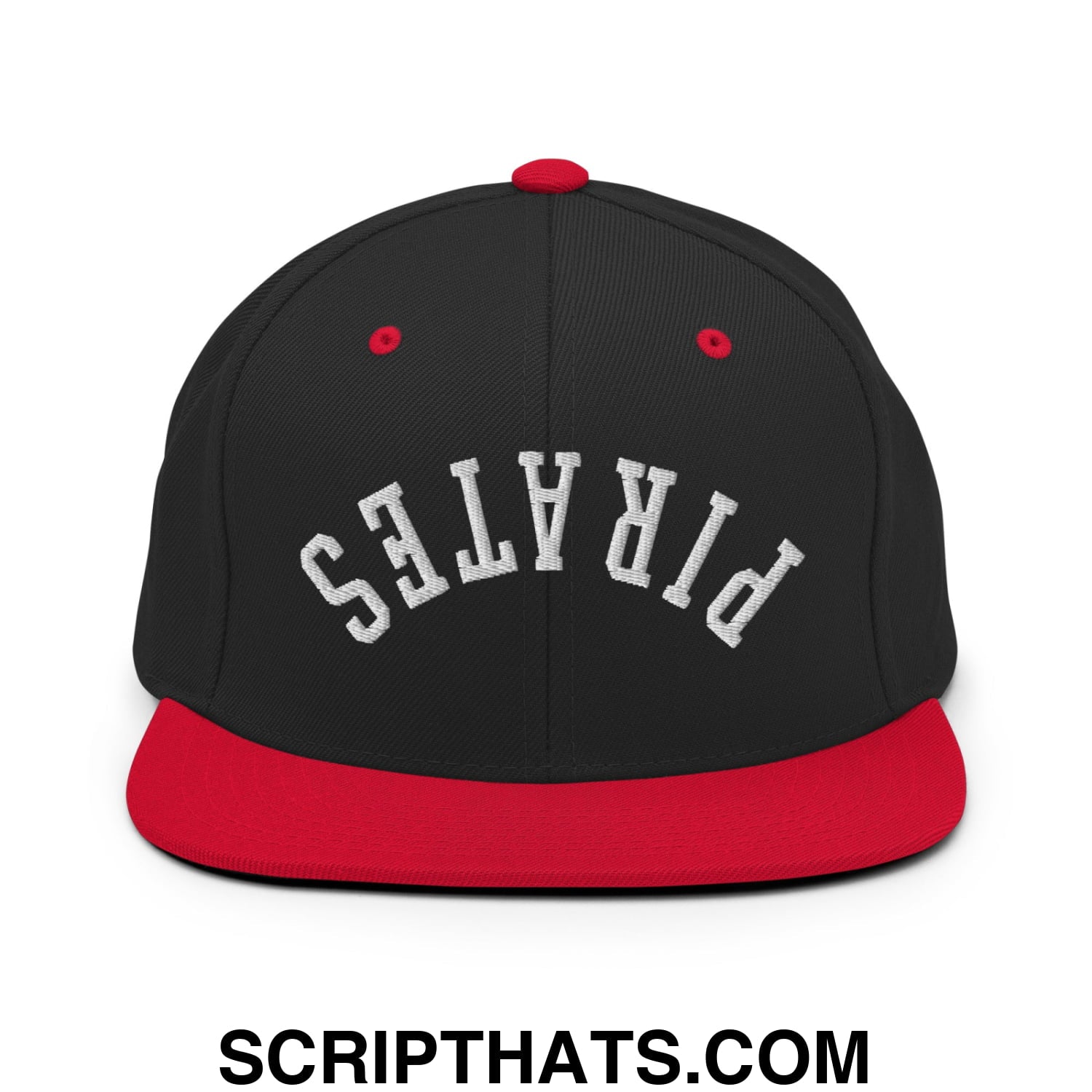 Black and red snapback hat with upside down pirates embroidered in white flat bill brim design