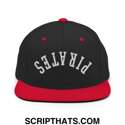 Black and red snapback hat with upside down pirates embroidered in white flat bill brim design