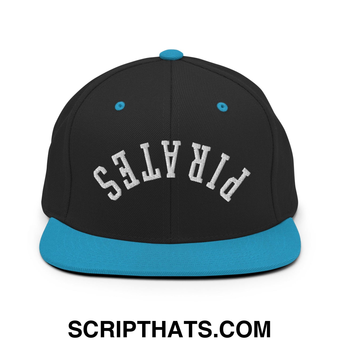 Black snapback cap with teal brim and button and white pirates embroidery on front in flat bill brim style