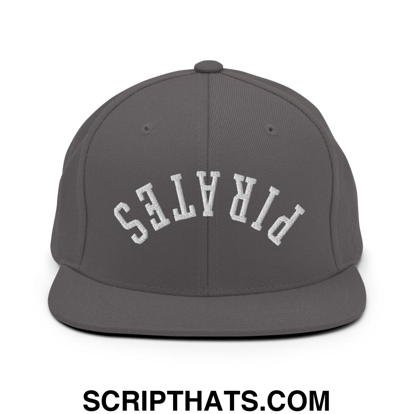 Dark gray snapback hat with white embroidered pirates lettering and flat bill brim in an upside down design