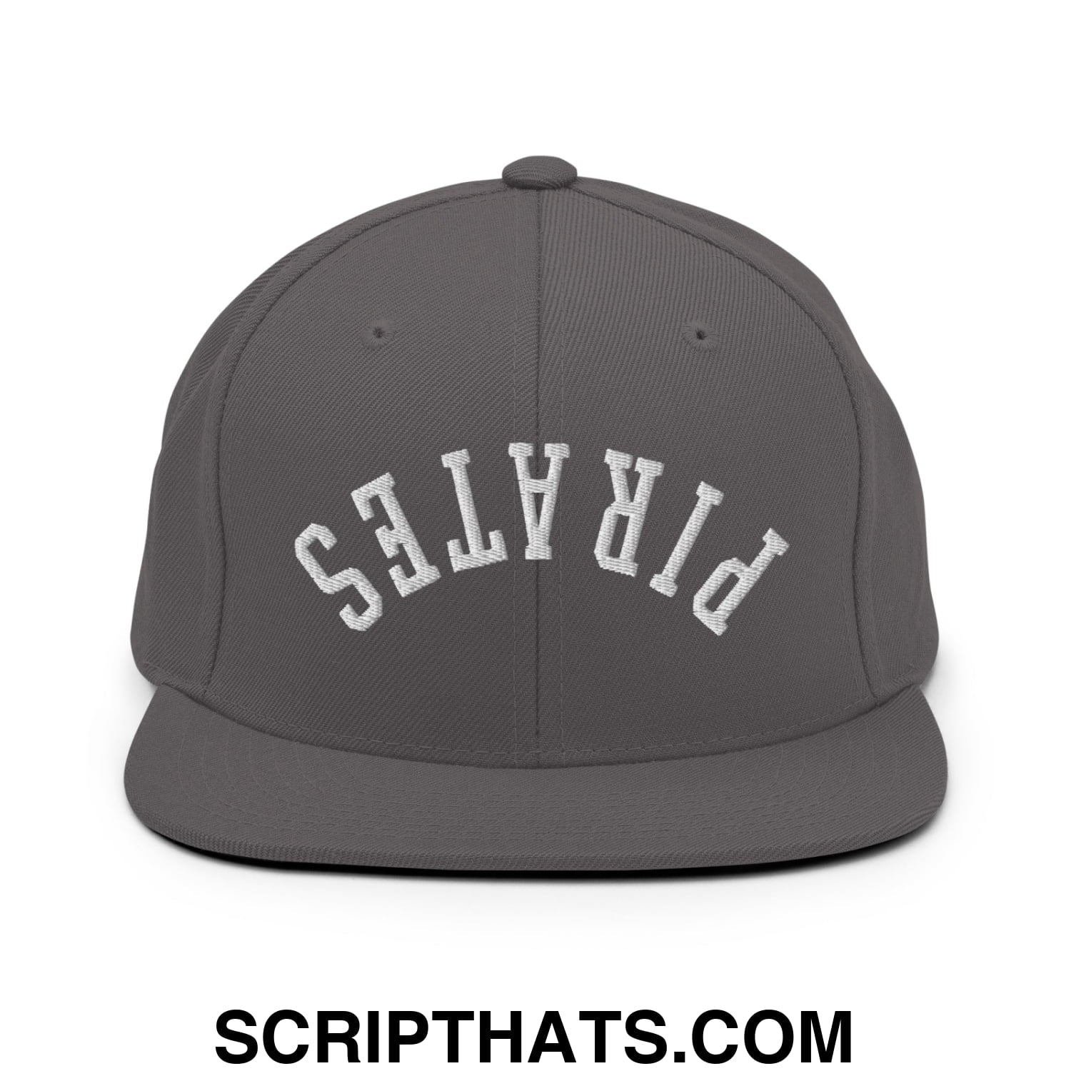 Dark gray snapback hat with white embroidered pirates lettering and flat bill brim in an upside down design