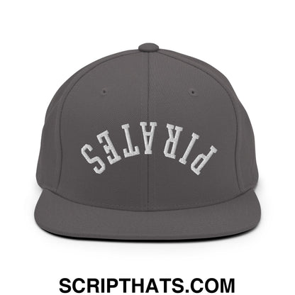 Dark gray snapback hat with white embroidered pirates lettering and flat bill brim in an upside down design