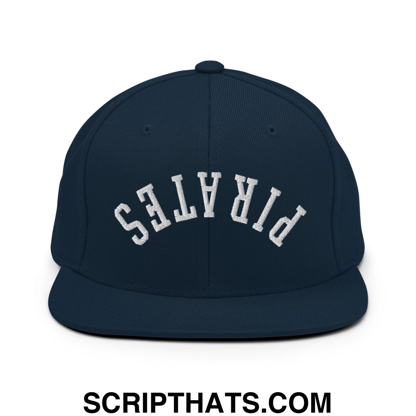 Navy blue snapback hat with white embroidered pirates lettering and flat bill brim in an arched design
