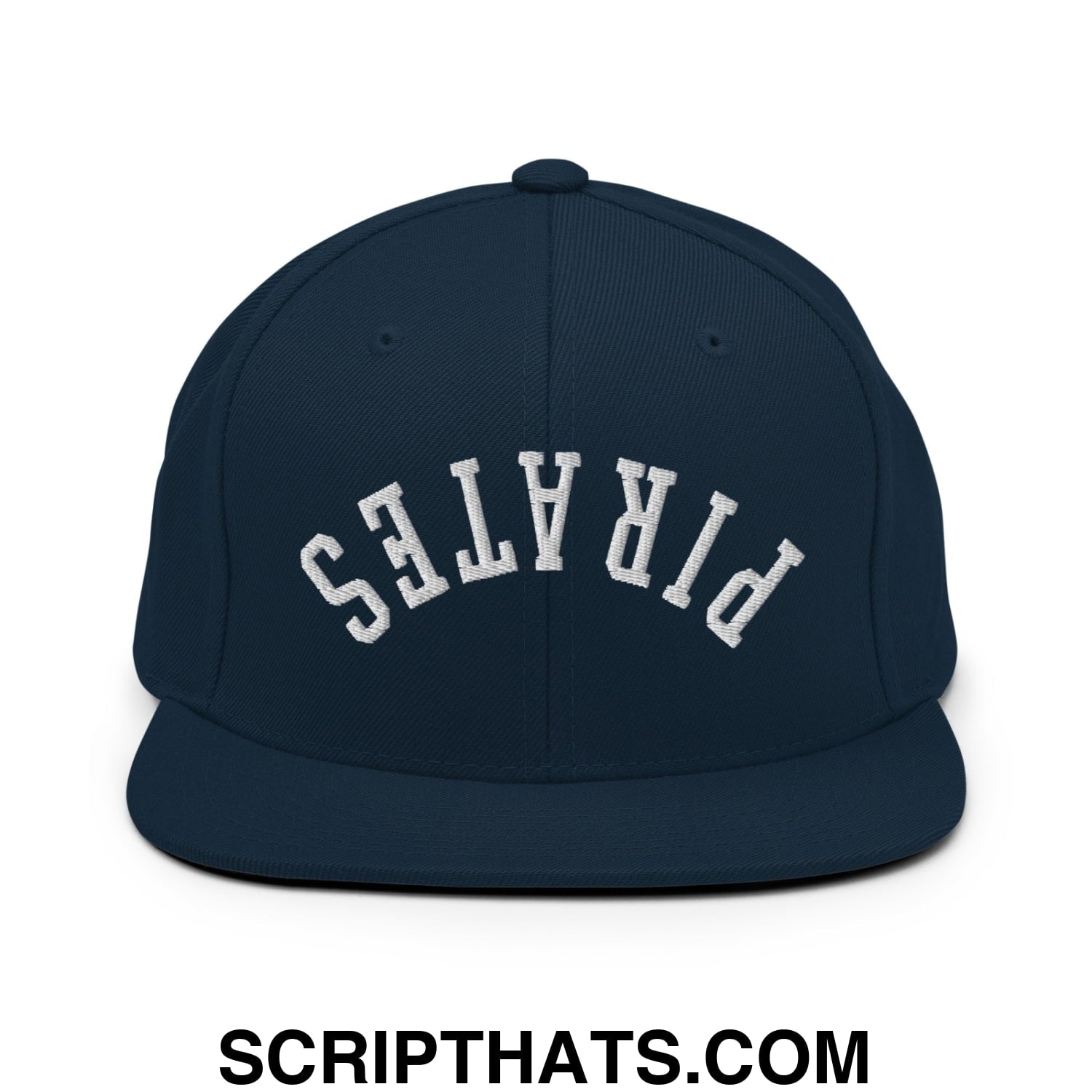 Navy blue snapback hat with white embroidered pirates lettering and flat bill brim in an arched design