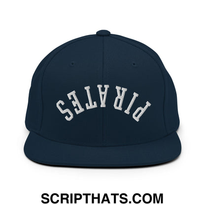 Navy blue snapback hat with white embroidered pirates lettering and flat bill brim in an arched design