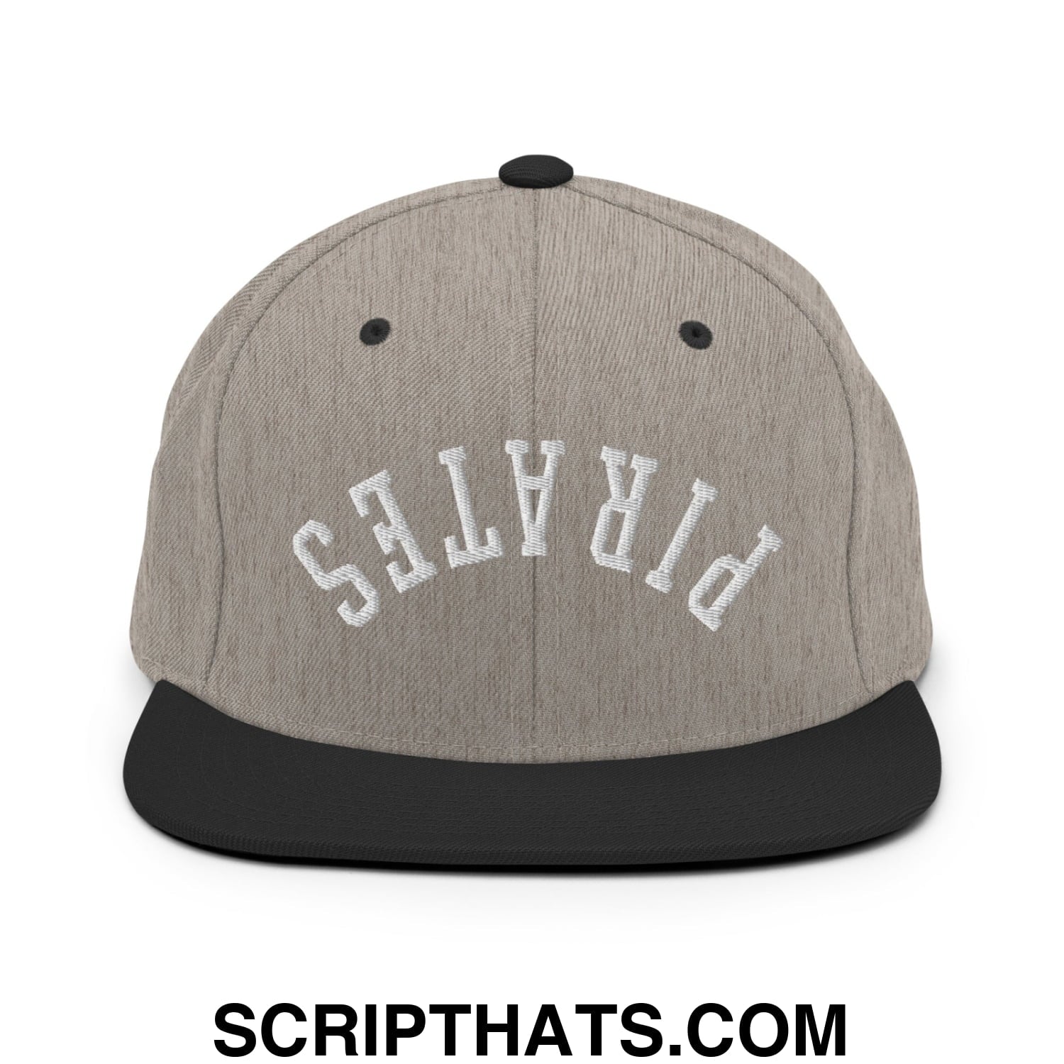 Gray and black snapback hat with pirates embroidered in white arched lettering and flat bill brim