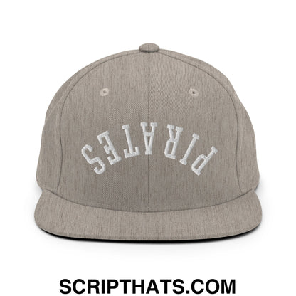 Gray heather snapback cap with white embroidered pirates lettering and flat bill brim for casual wear