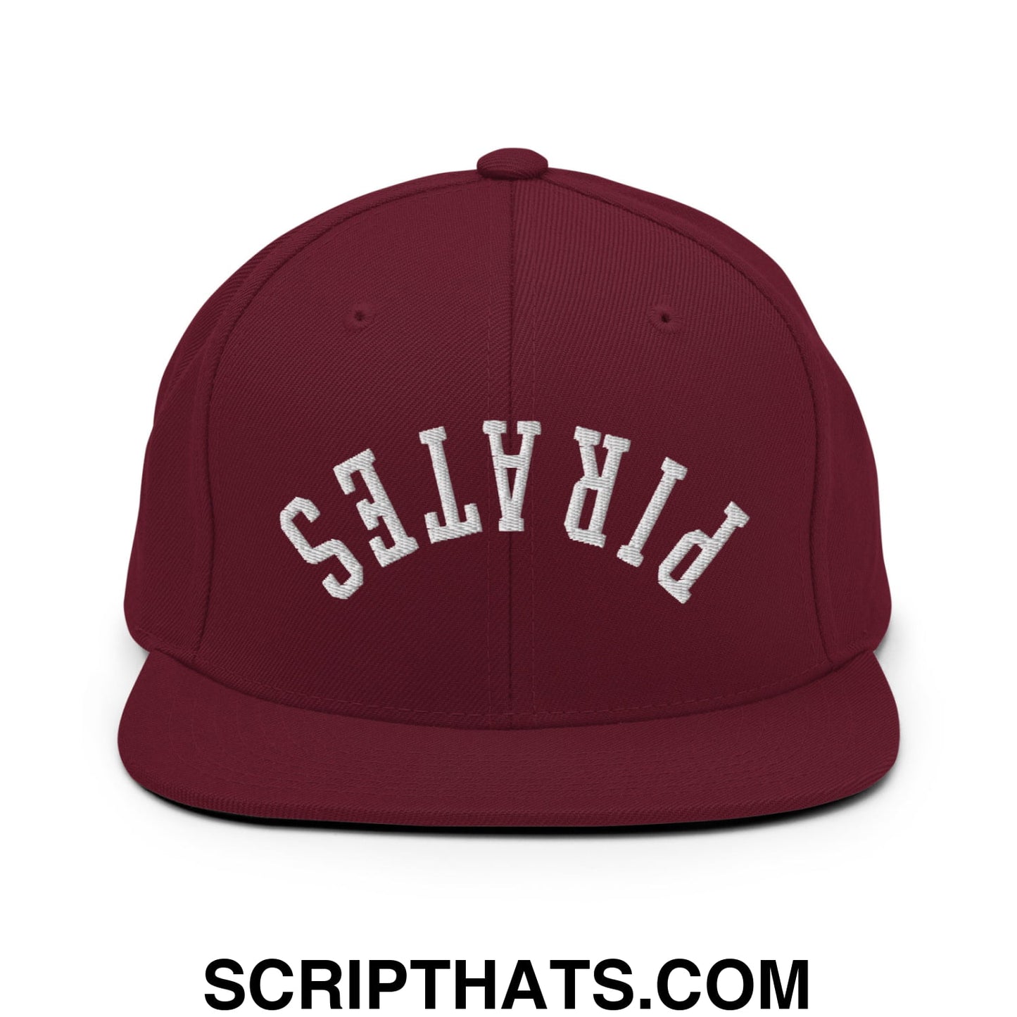 Maroon snapback hat with white embroidered pirates lettering and a flat bill brim in an upside down design