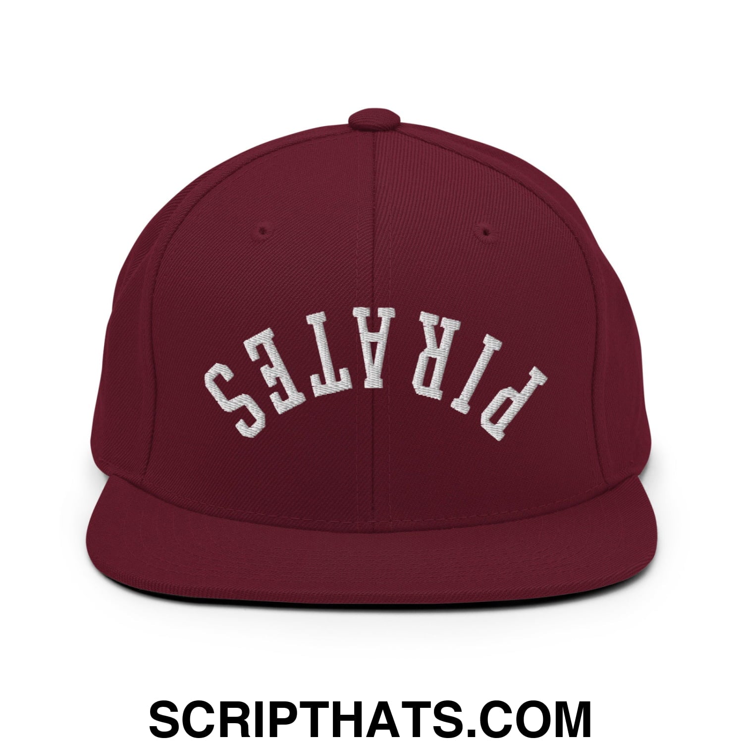 Maroon snapback hat with white embroidered pirates lettering and a flat bill brim in an upside down design
