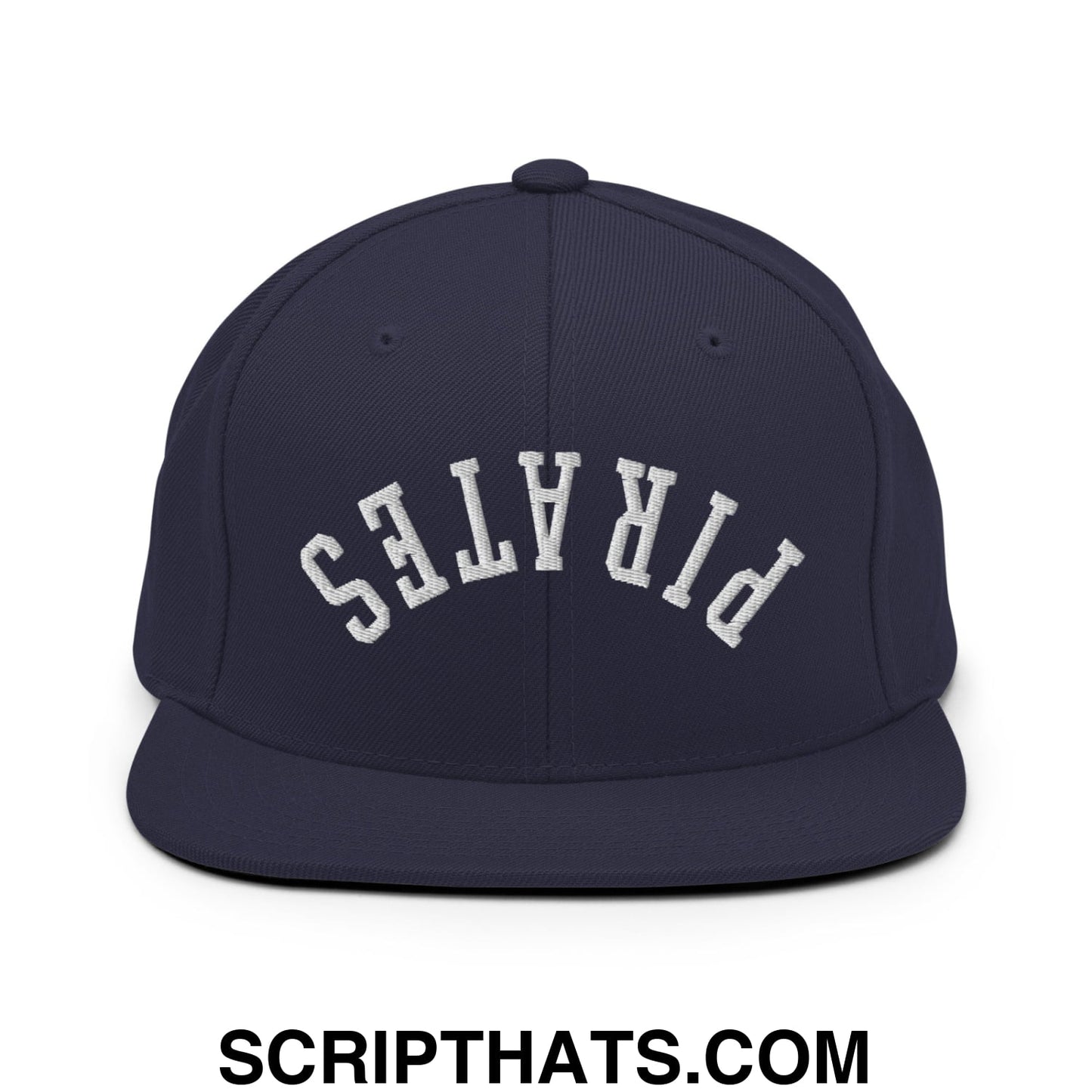 Navy blue snapback hat with white embroidered pirates lettering and flat bill brim for casual wear