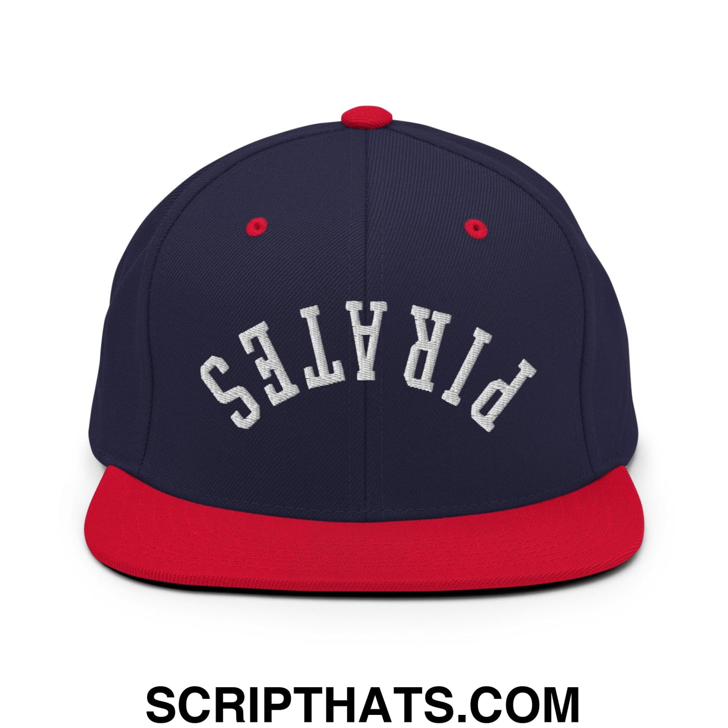 Navy blue and red snapback hat with white embroidered pirates lettering and flat bill brim for casual wear