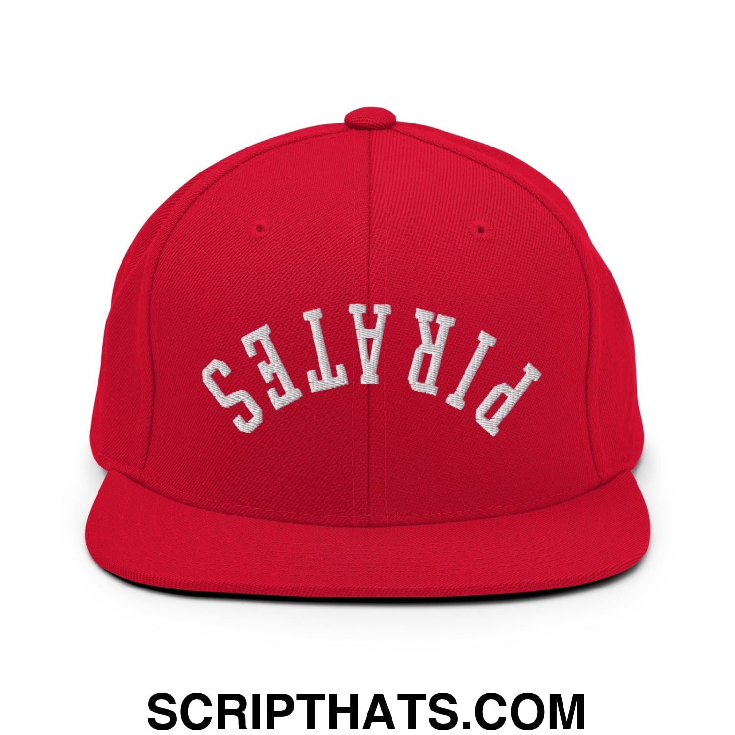 Red snapback cap with white embroidered pirates lettering and flat bill brim perfect for casual wear