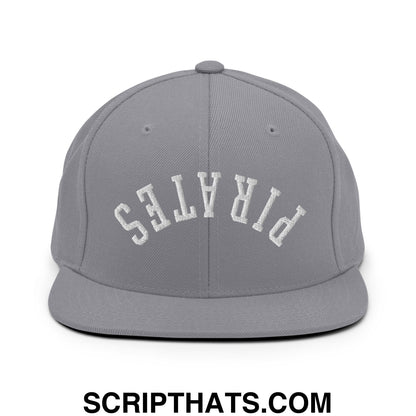 Gray snapback hat with white embroidered pirates lettering and flat bill brim perfect for casual wear