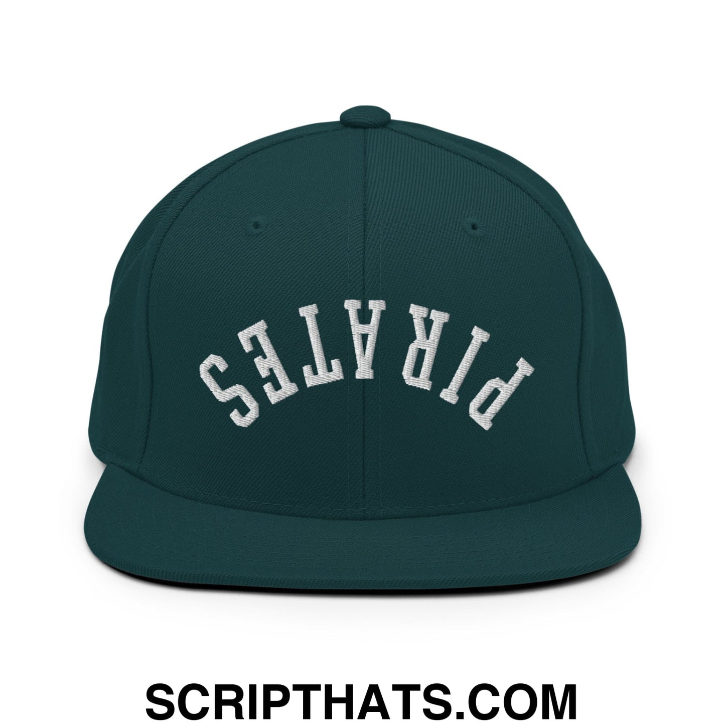 Dark green flat bill snapback cap with white embroidered pirates lettering in an arched design