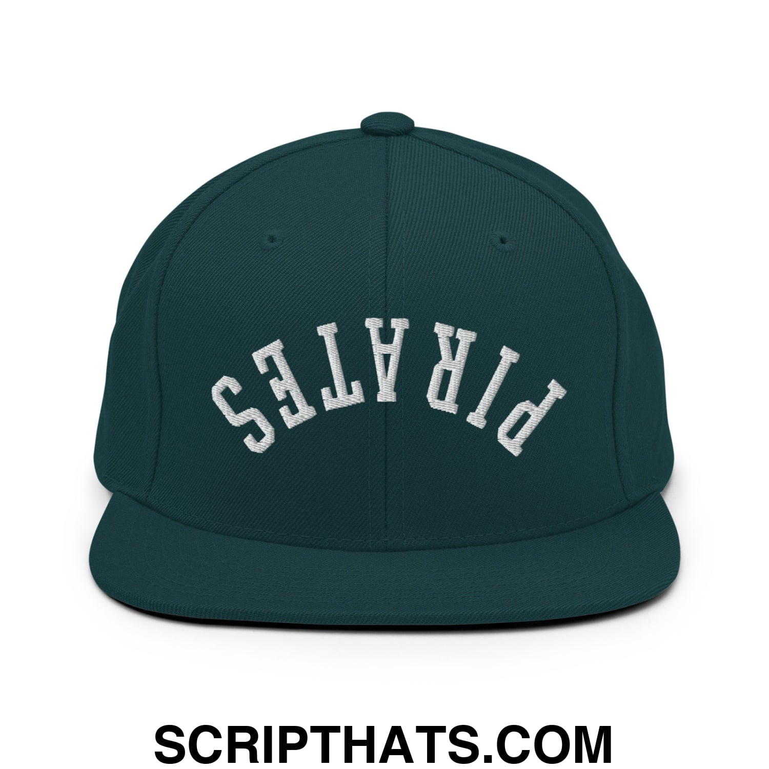 Dark green flat bill snapback cap with white embroidered pirates lettering in an arched design