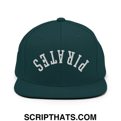 Dark green flat bill snapback cap with white embroidered pirates lettering in an arched design